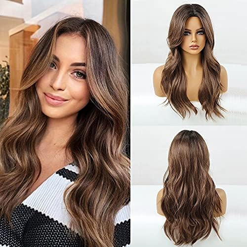 Long Brown Curly Wavy Wig for Women Brown Wig Middle Part Dark Brown Synthetic Heat Resistant Fib... | Amazon (US)