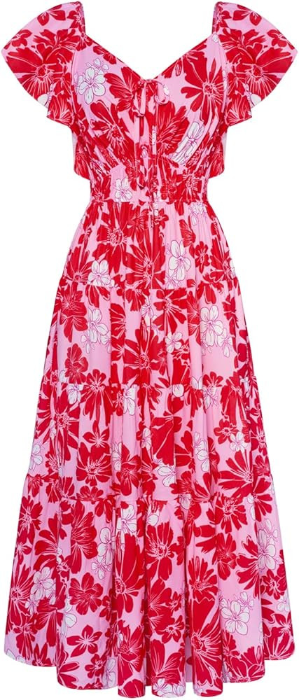 GRACE KARIN Womens 2025 Floral Summer V-Neck Ruffle Sleeve Empire Waist A-Line Casual Maxi Tiered... | Amazon (US)