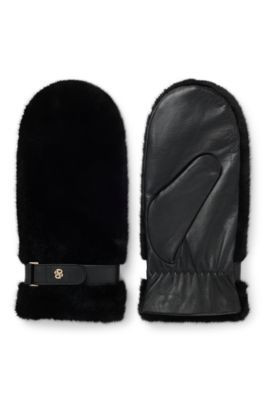 BOSS Leather mittens with faux-fur trim - Black Women's Gloves size 7.5 | Hugo Boss (US)