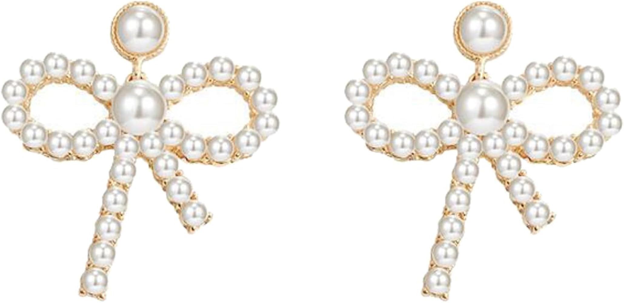 CSIYANJRY99 Trendy Bow Earrings for Women Rhinestone Bow Pearl Drop Dangle Earrings Gold Ribbon B... | Amazon (US)