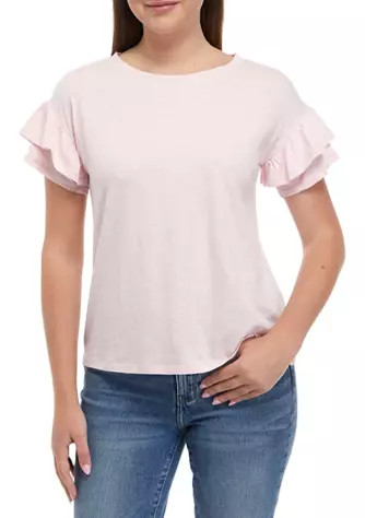 Women's Solid Double Ruffle Sleeve T-Shirt | Belk