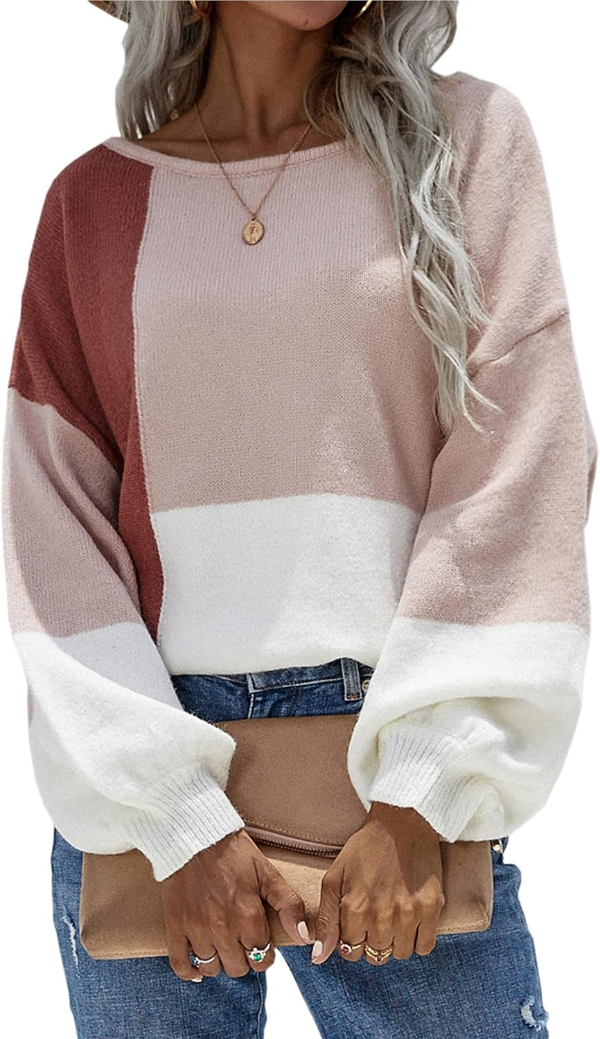 ECOWISH Women Sweater Long Sleeve Color Block Knit Pullover Sweaters Crew Neck Patchwork Casual Loose Jumper Tops | Amazon (US)