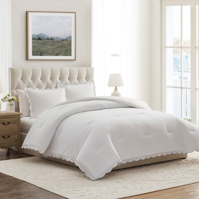 My Texas House Paige 3-Piece White/Blue Scallop Cotton Comforter Set, Full/Queen | Walmart (US)