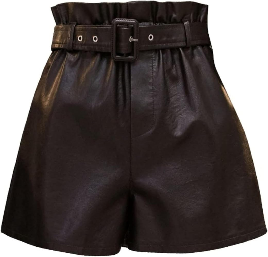 Women's High Waisted Loose Round Neck Synthetic Leather Pants with Pockets, Shorts | Amazon (US)