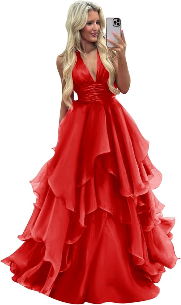 Puffy Tiered Prom Dresses for Teens 2026 Tulle Halter Pleated Backless Ruffle Princess Ball Gown | Amazon (US)