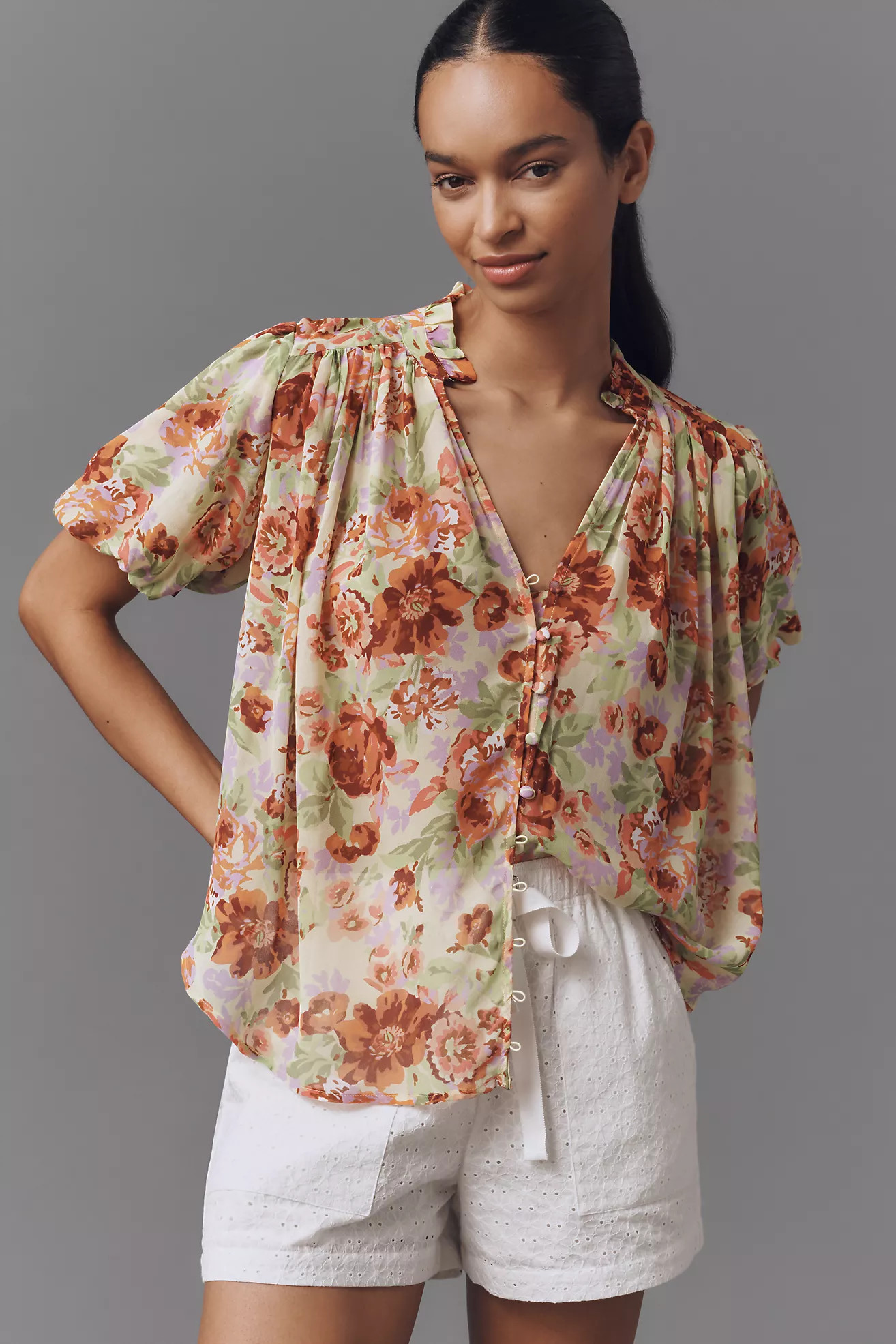The Estela Short-Sleeve Sheer Printed Blouse | Anthropologie (US)