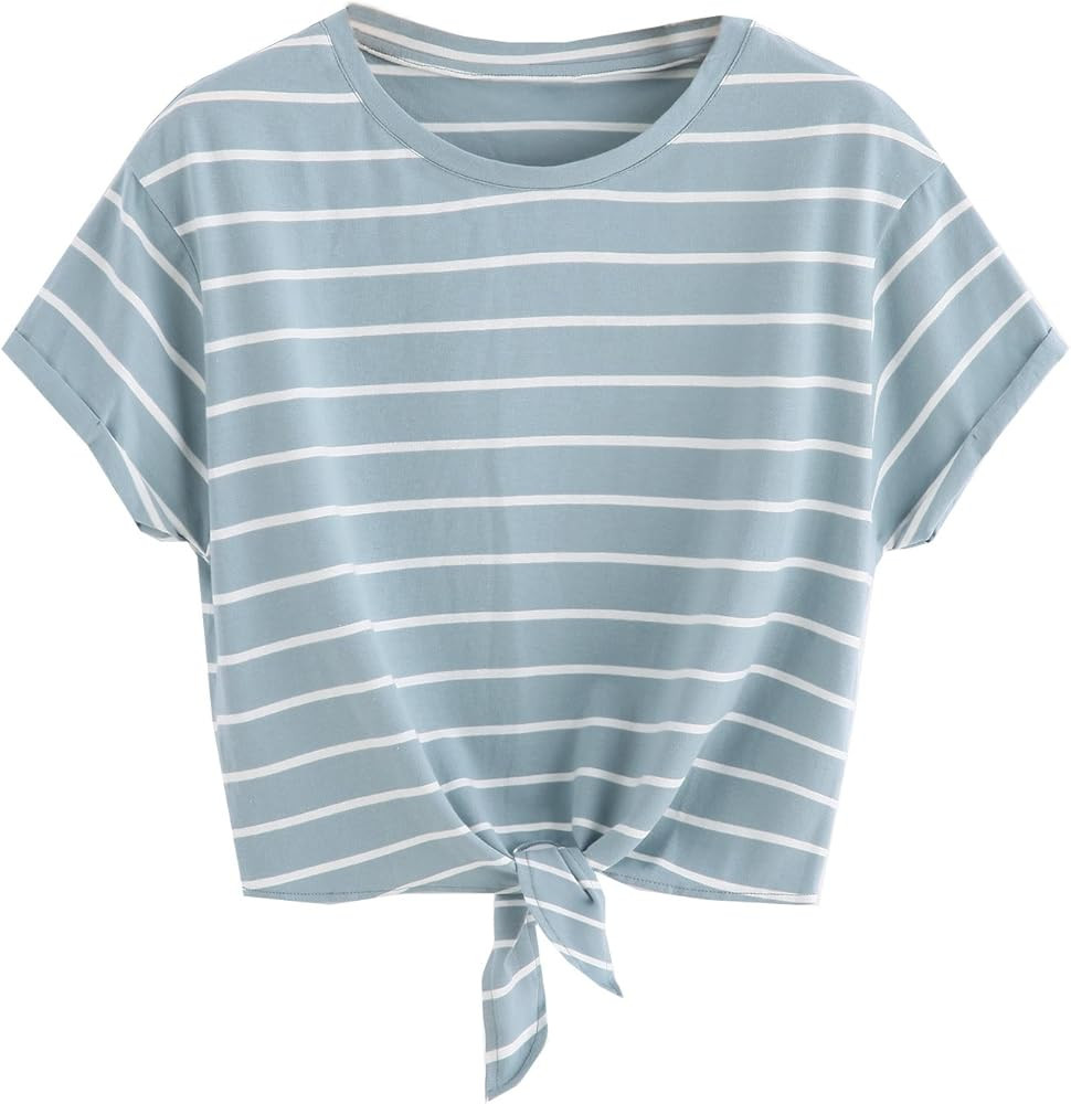 Romwe Women's Knot Front Cuffed Sleeve Striped Crop Top Tee T-Shirt | Amazon (US)
