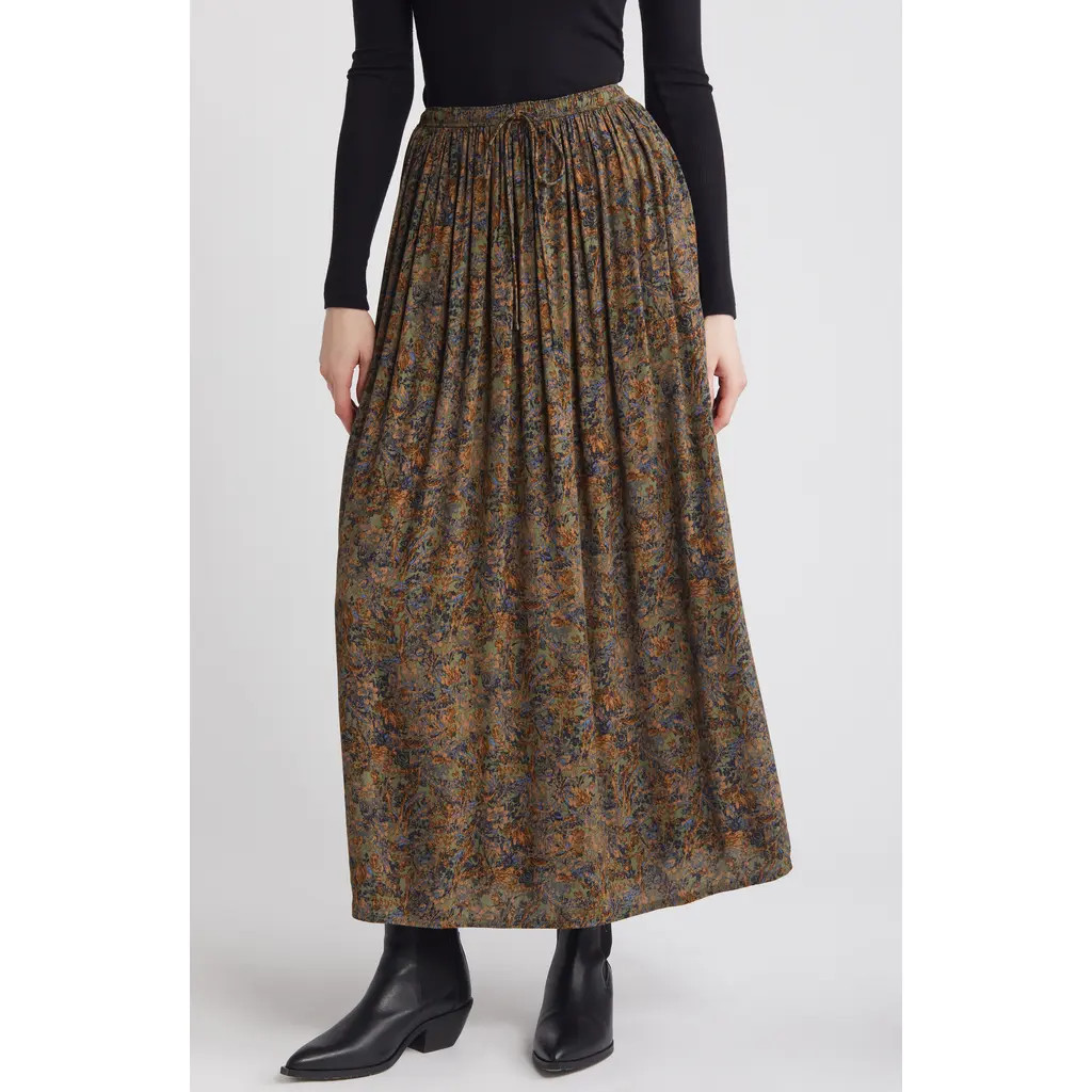 Treasure & Bond Drawstring Maxi Skirt in Olive- Blue Tawny Toile at Nordstrom, Size Large | Nordstrom
