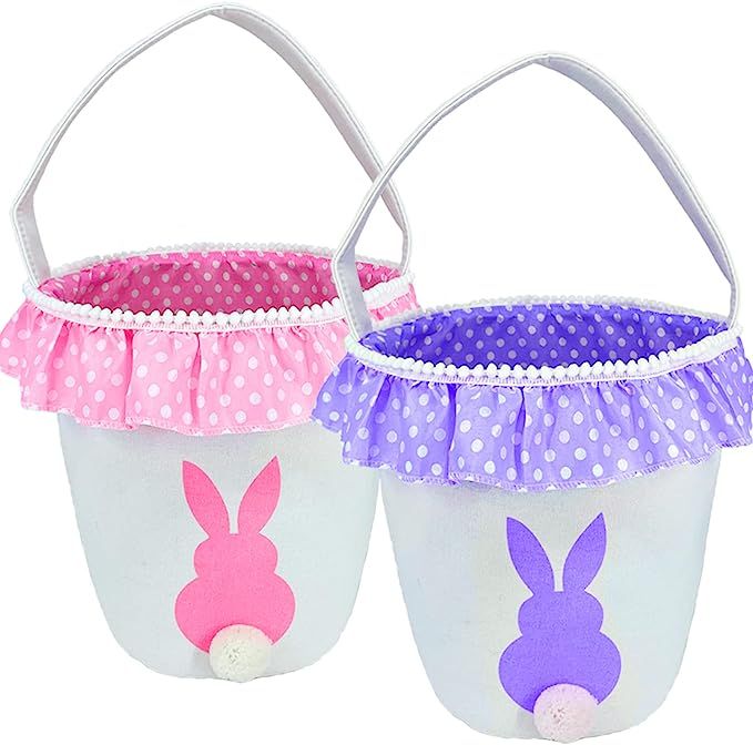 2 Pack Easter Eggs Hunt Basket for Kids Easter Bunny Canvas Baskets Ruffle Easter Basket Rabbit F... | Amazon (US)