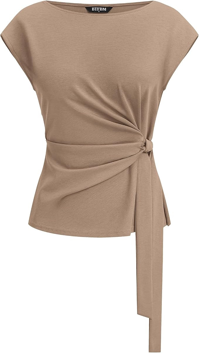 BTFBM Women Blouses Summer Cap Sleeve Crew Neck Work Shirts, Tie Waist Business Casual Dressy Top... | Amazon (US)