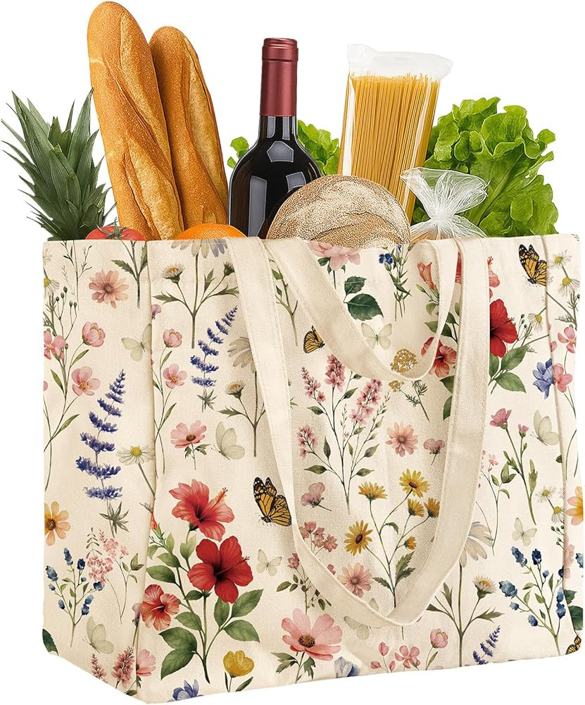Large Canvas Grocery Tote Bag - Reusable Extra Large Shopping Shoulder Bags with 6 Inner Pockets ... | Amazon (US)