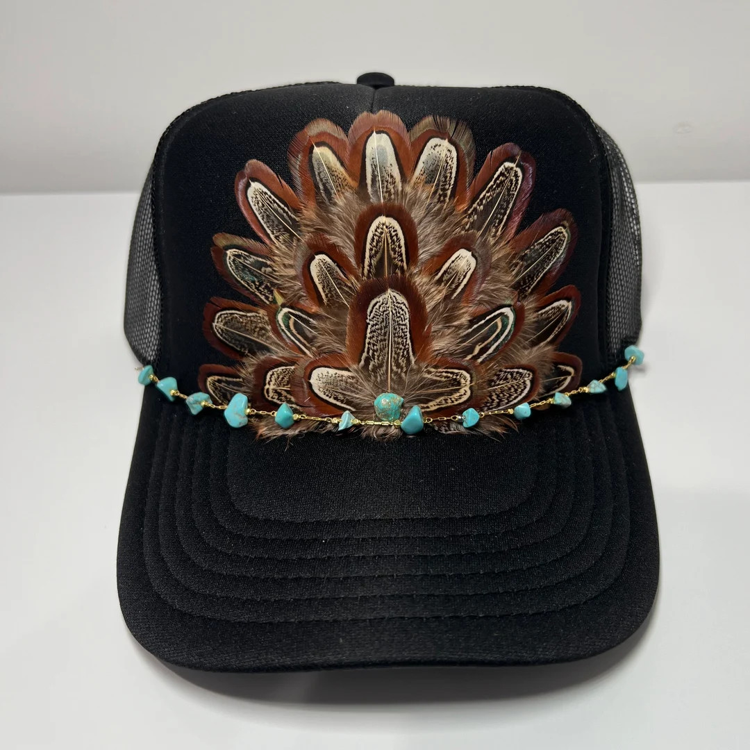 FEATHER Trucker Hat With Turquoise Beaded Hat Chain Stagecoach NFR Hat Black - Etsy | Etsy (US)