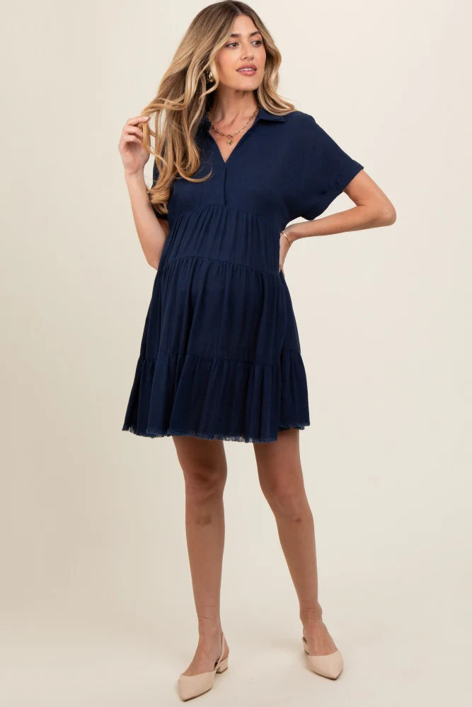 Navy Tiered Linen Maternity Dress | PinkBlush Maternity