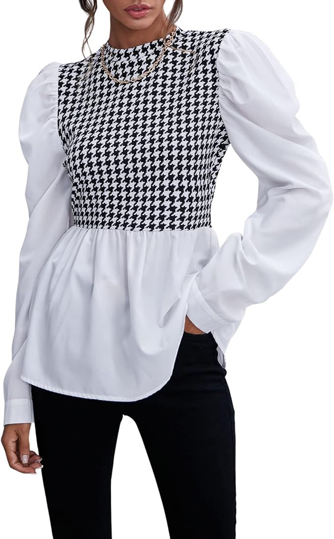 Floerns Women's Houndstooth Gigot Long Sleeve Ruffle Hem Peplum Tunic Shirts | Amazon (US)