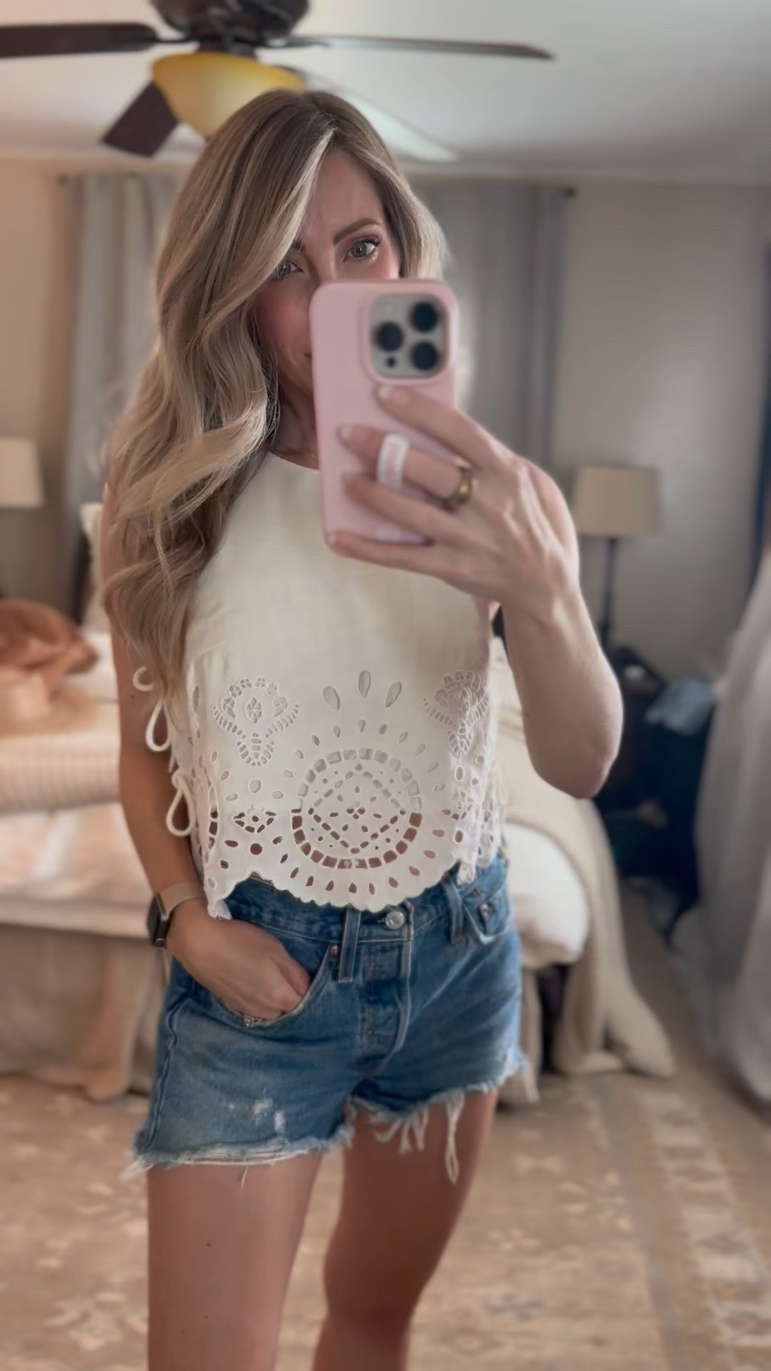 Super cute summer outfit! This top is adorable with shorts or jeans and these shorts are the perfect cut off shorts for summer! Memorial Day outfit, country concert outfit, summer outfit. Callie Glass 

#LTKSummerEdit #LTKFindsUnder100 #LTKSeasonal