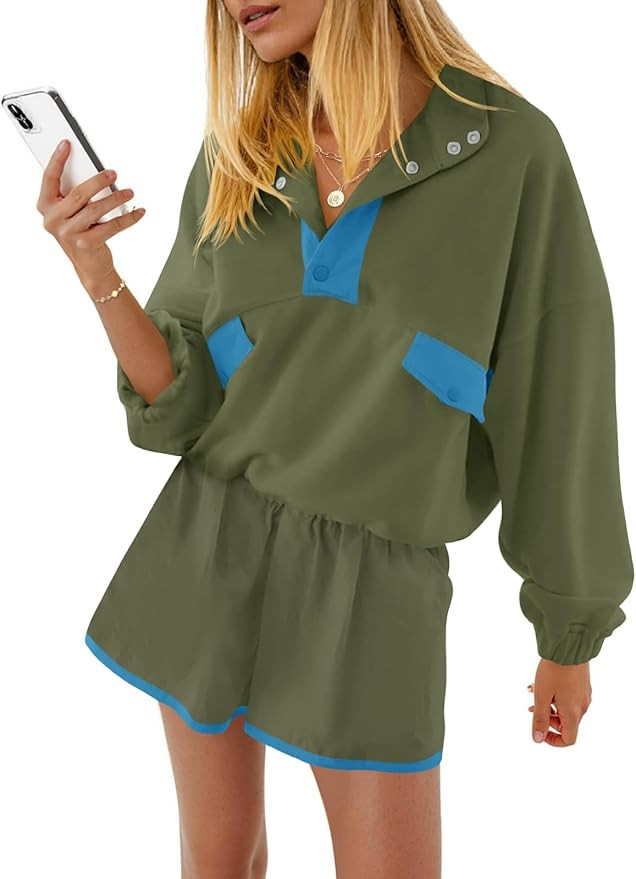 Fisoew Womens 2 Piece Sets Sweatsuits Casual Half Button Color Block Sweatshirts Running Shorts T... | Amazon (US)
