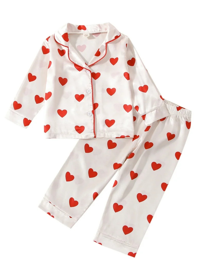 Kids Toddler Baby Girl Valentine's Day Pajamas Set, Heart Print Lapel Button Silk Pajamas 2 Piece... | Walmart (US)
