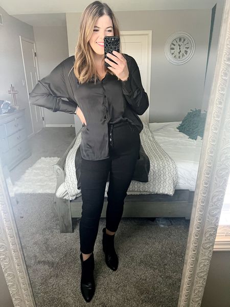 Fall work outfit of the day, a monochromatic all black outfit. 
Button fly jeans from Walmart size 12, black booties from DSW size 10 true to size, satin, black, button-down shirt from Old Navy size large fits oversized 

#LTKCyberweek #LTKworkwear #LTKcurves