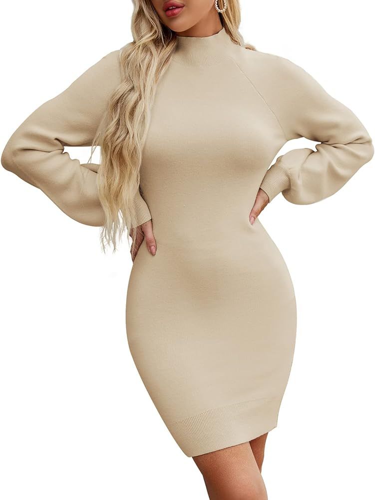 LEANI Womens Puff Long Sleeve Sweater Dress Mock Neck Bodycon Knit Mini Dress | Amazon (US)