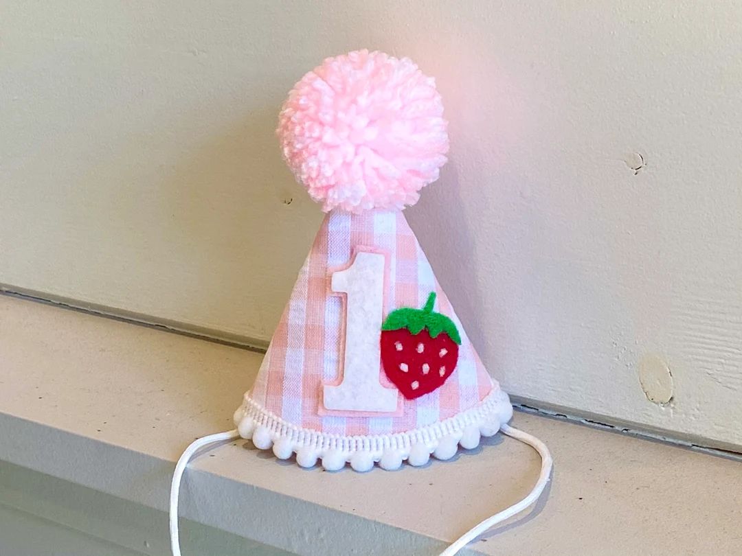 Girl 1st Birthday Strawberry Hat - Berry First Birthday Hat - Pink Gingham Strawberry Party Hat -... | Etsy (US)