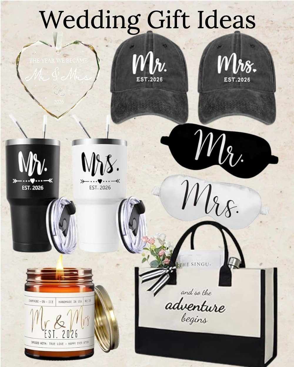 Wedding gift ideas that are thoughtful, practical, and perfect for the bride and groom. This curated collection features Mr. and Mrs. tumblers, bride and groom hats, sleep masks, personalized-style candles, keepsake ornaments, and honeymoon-ready accessories. These newlywed gift ideas are perfect for bridal showers, engagement parties, bachelorette gifts, or wedding day surprises. Stylish, neutral, and meaningful gifts for couples starting their next chapter together. 

 #LTKOver40 #LTKSaleAlert #LTKWedding