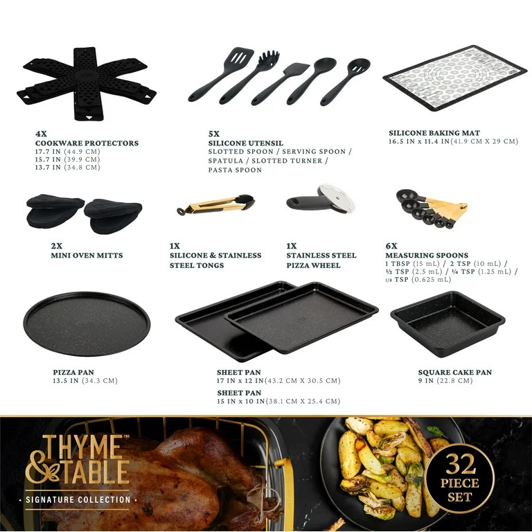 Thyme & Table 32-Piece Cookware & Bakeware Non-Stick Set, Black | Walmart (US)