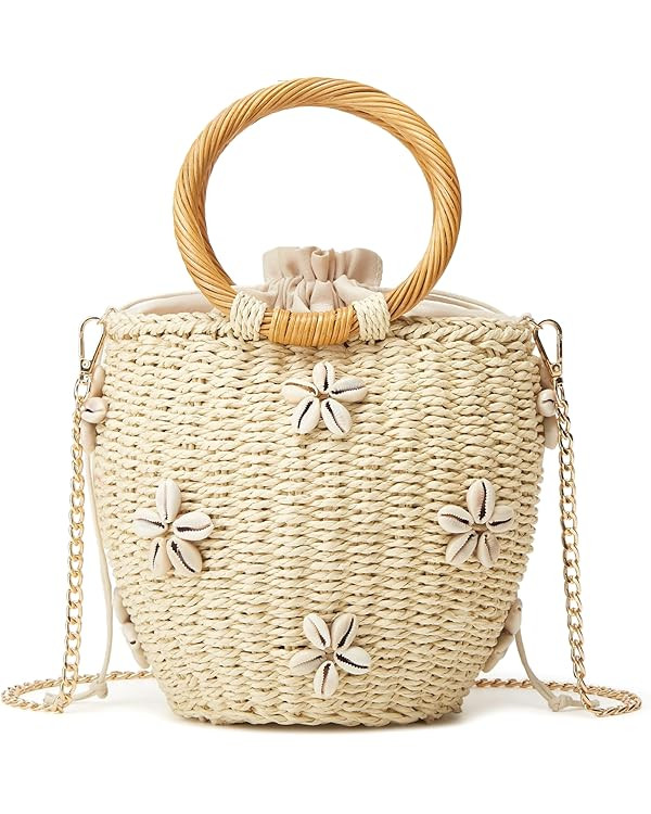 Summer Straw Bag for Women Pearl Flower Bucket Tote Bag Diamond Handbag Hand Woven Rattan Shell P... | Amazon (US)