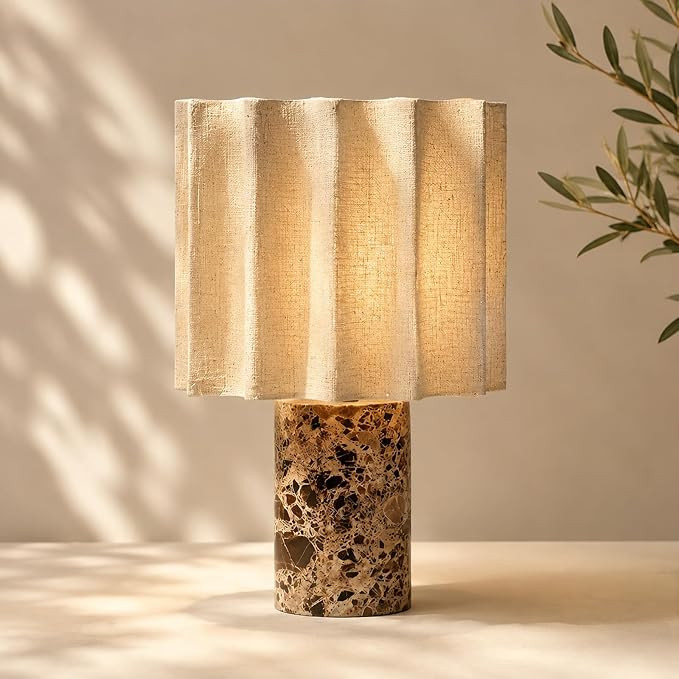 Dark Coffee Marble Table Lamp,Rechargeable and Cordless,for Counter | Pleated Linen Lampshade,3 C... | Amazon (US)