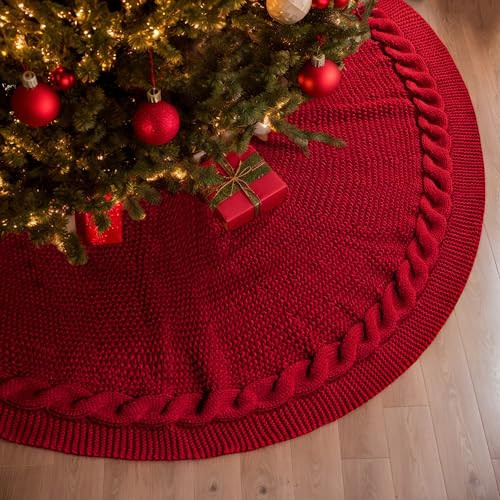 Christmas Tree Skirt 48 inches Red Knitted Tree Skirt,Luxury Thick Kint Tree Skirt,Large Chirstmas Tree Decor,Christmas Tree Decoration for 7ft 8ft 9ft Tree | Amazon (US)