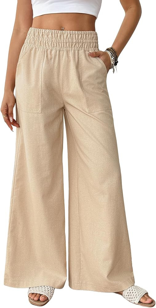 Bsubseach Linen Palazzo Pants for Women Cotton Casual Wide Leg Pants Woman Elastic Waist Summer T... | Amazon (US)