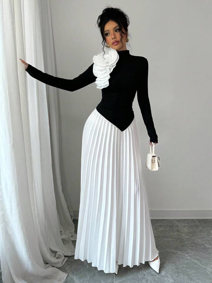 SHEIN Elenzya Asymmetrical Pleated Colorblock 3D Flower Decor Elegant Women Dress Maxi Women Outf... | SHEIN