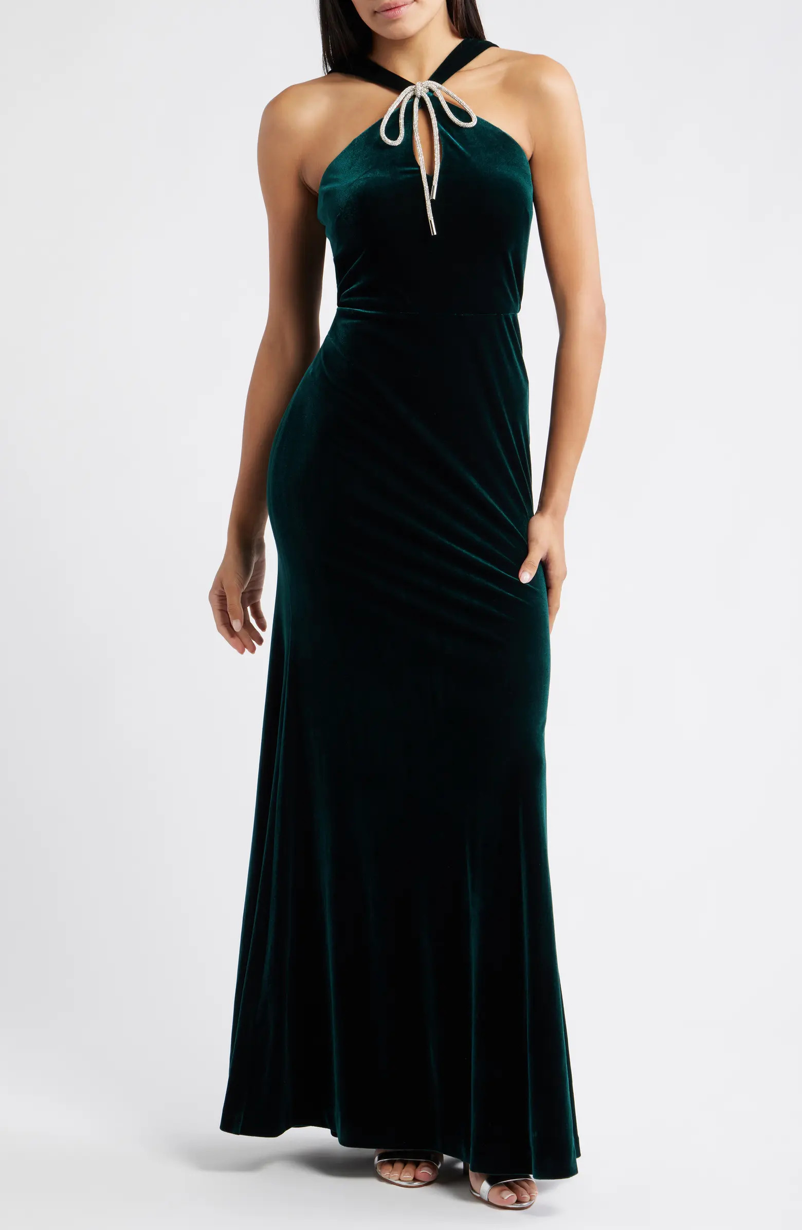 Bow Halter Neck Velvet Gown | Nordstrom