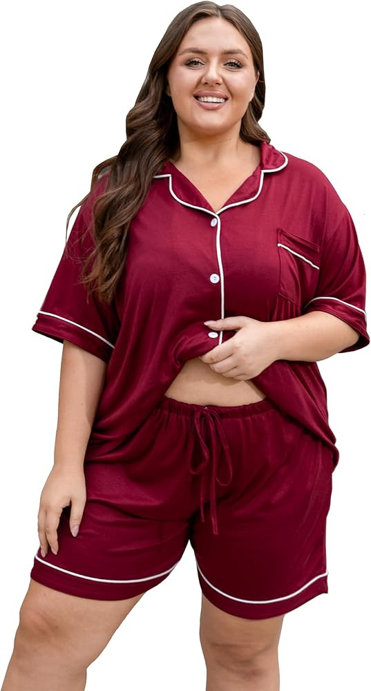 Vozanet Women's Plus Size Button Down Pajamas Soft Lounge Sets Shorts with Pockets Bride Nighty S... | Amazon (US)