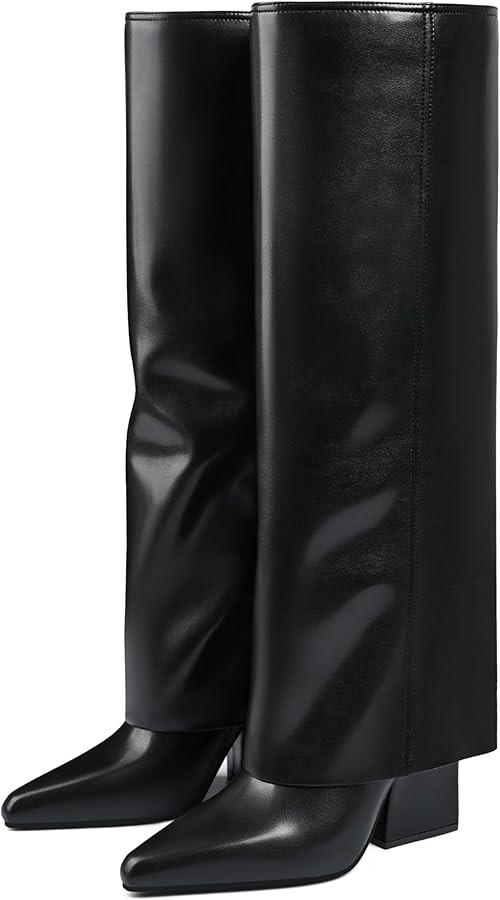 Vaslemuse Knee High Boots for Women Fold Over Pointed Toe Shark Tall Boots Block Low Heel Long Bo... | Amazon (US)