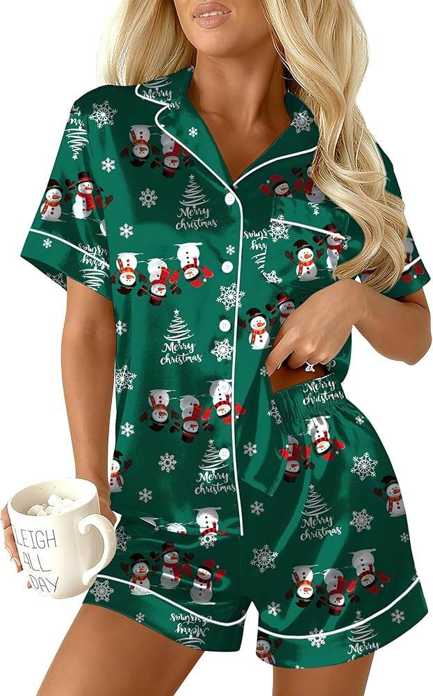Ekouaer Womens Christmas Pajamas Silk Satin Sleepwear Holiday Matching Pjs Funny Short Sleeve But... | Amazon (US)