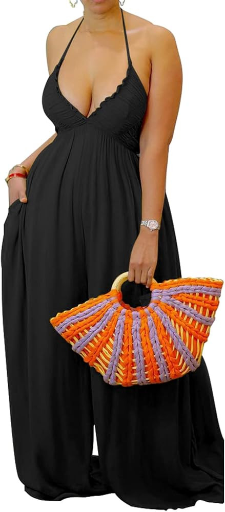 Choichic Women's Halter Neck Backless Loose Chiffon One Piece Wide Leg Jumpsuit Overalls Full Len... | Amazon (US)