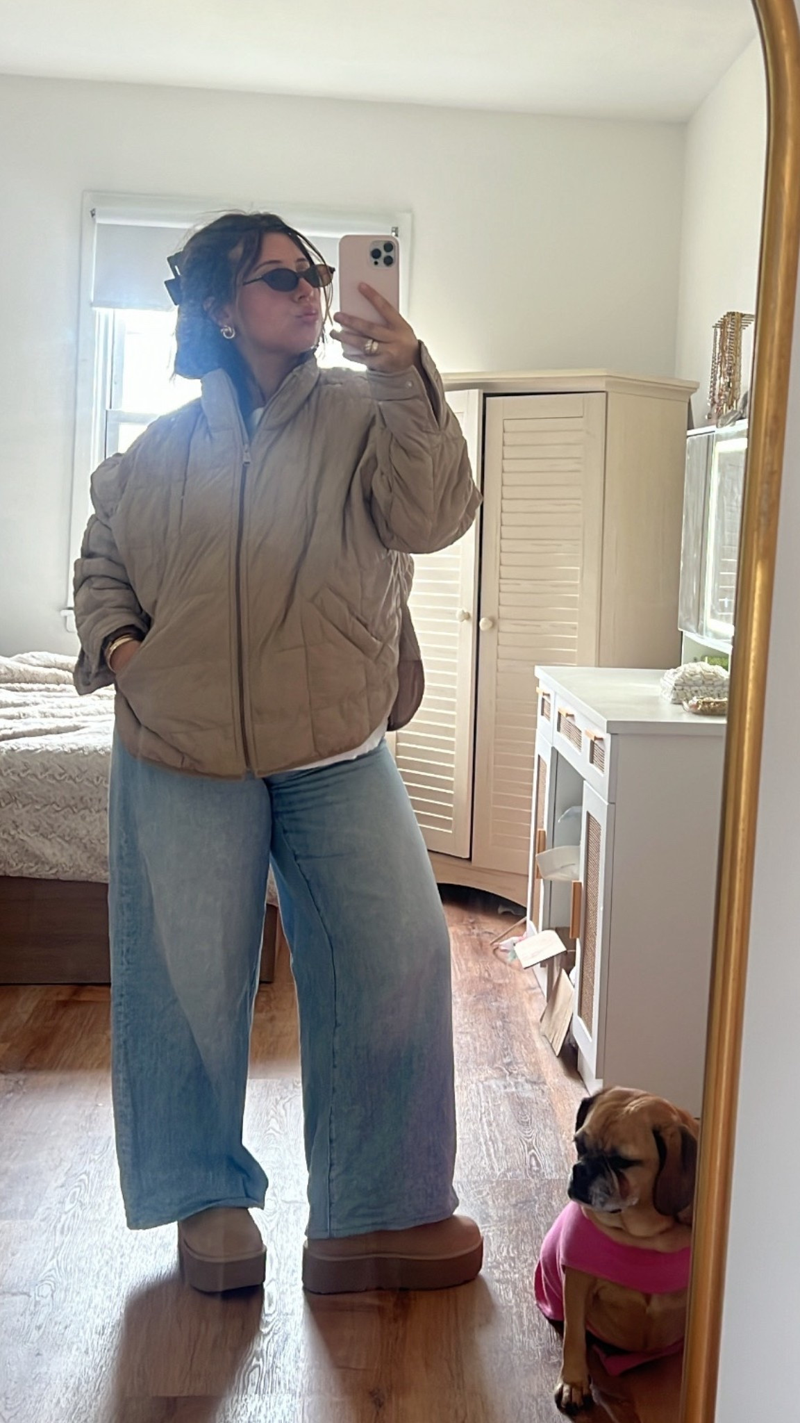


coffee and walk with mags 

madewell denim I got it hemmed size 5’2 wide leg
pippa jacket size m taupe color 
from free people 
uggs are sand ultra mini platform 