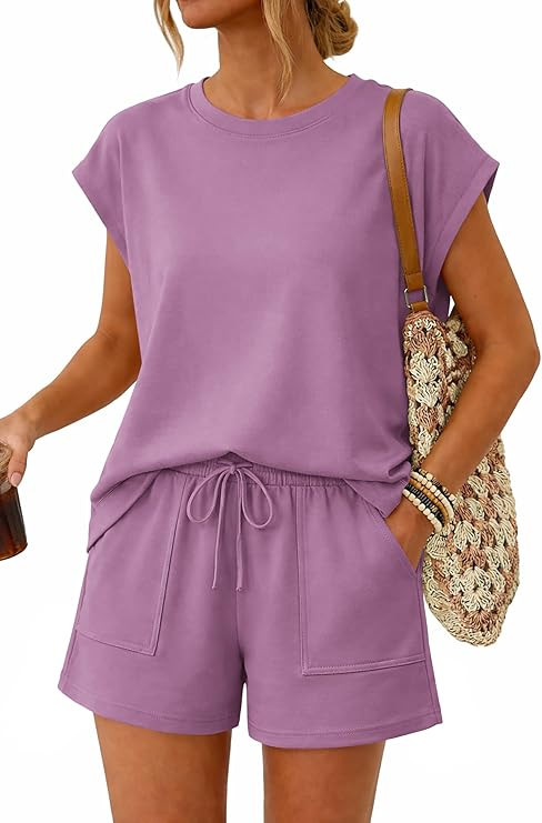 ATHMILE Womens Two Piece Crew Neck Short Sets Cap Sleeve Drawstring Spring Summer Sweatsuit with ... | Amazon (US)