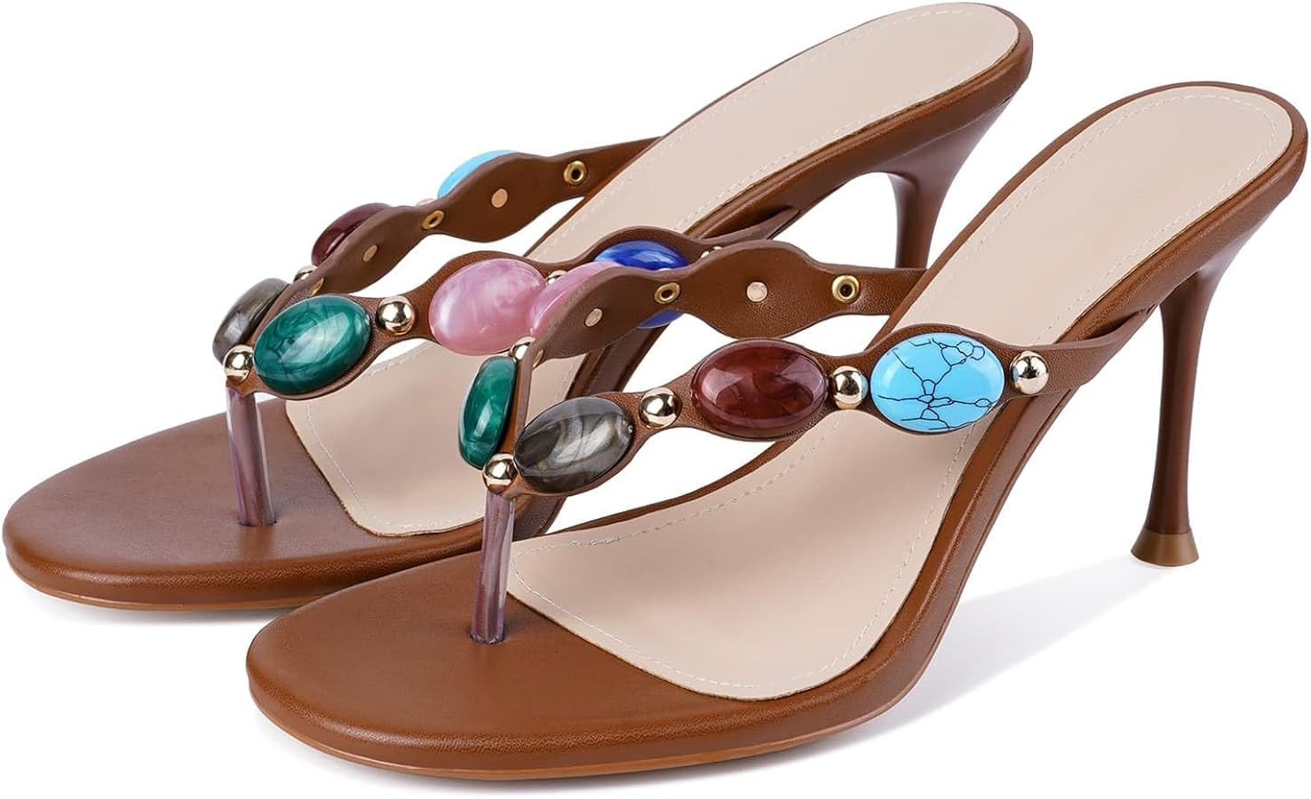 DREAMSTORY Womens Jeweled Heeled Sandals Beaded Flip Flop Summer Thong Heel | Amazon (US)