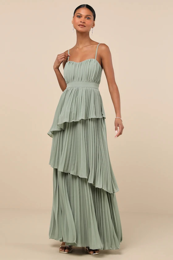Jehona Sage Brush Pleated Tiered Maxi Dress | Lulus