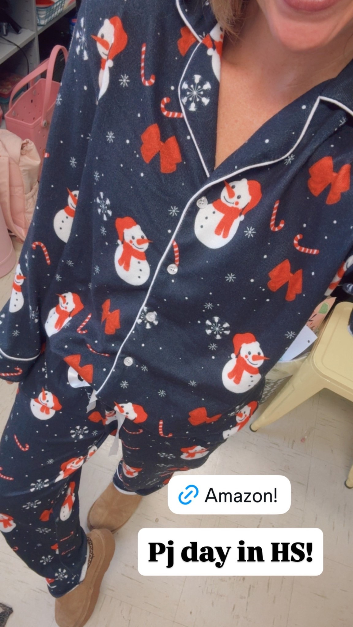 Snowman pjs with little red bows and candy canes ☃️🎀 I’m in my true size small

Super soft and pants have pockets too! 