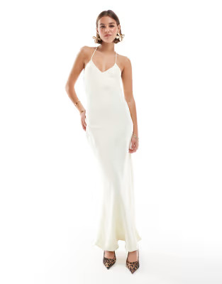 ASOS DESIGN satin halter back detail maxi dress in buttermilk | ASOS | ASOS (Global)