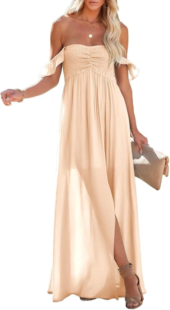 Happy Sailed Women's 2024 Summer Smocked Off The Shoulder Maxi Dresses Ruffle Short Sleeve A Line... | Amazon (US)