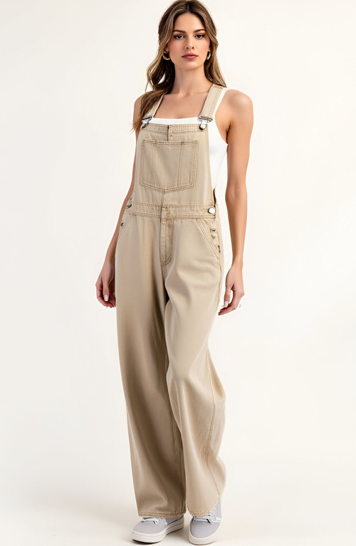 Modenaire Wide Leg Overalls with Adjustable Straps and Side Button Detail in Beige at Nordstrom, Size Large | Nordstrom
