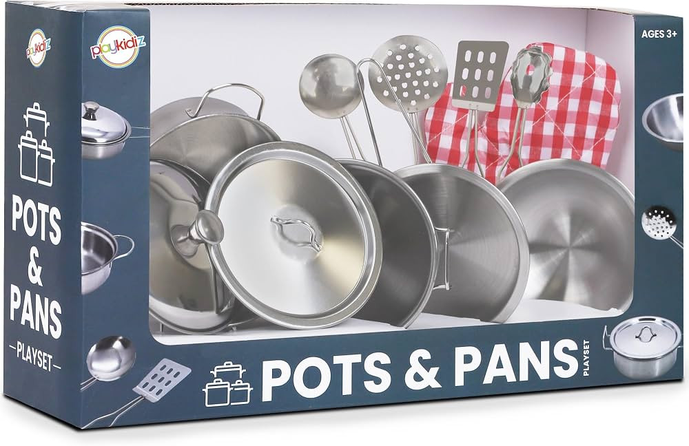 Playkidz Stainless Steel Pots and Pans - Toy Cookware 9 Piece Playset for Kids Pretend Play House... | Amazon (US)