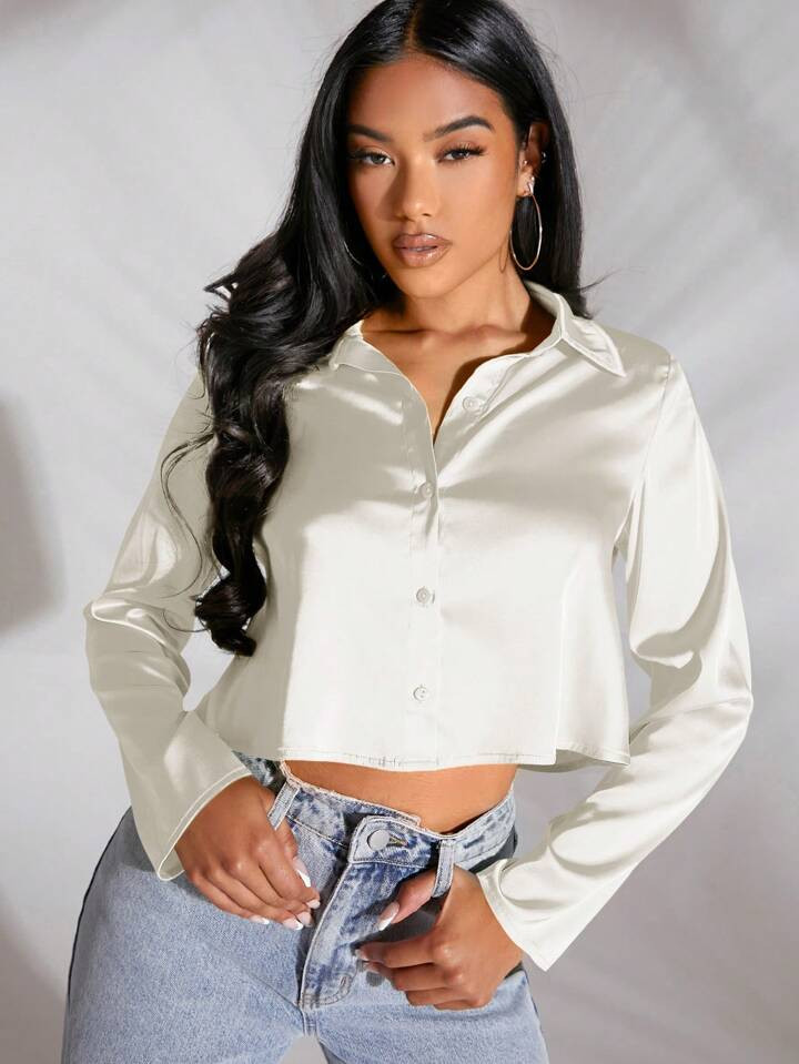 SHEIN BAE Solid Button Front Satin Crop Shirt | SHEIN