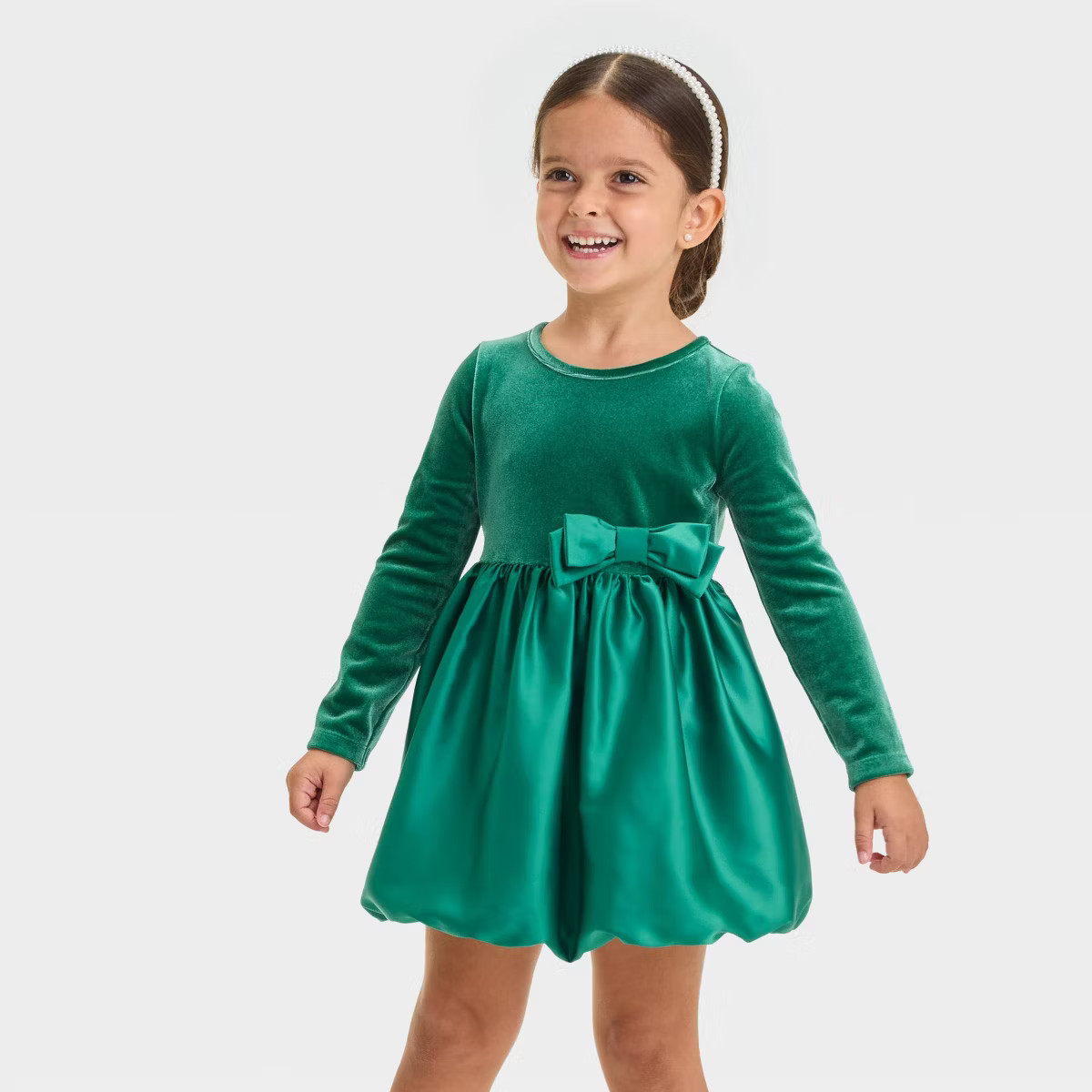 Toddler Girls' Velour Satin Long Sleeve Dress - Cat & Jack™ Dark Green 3T | Target