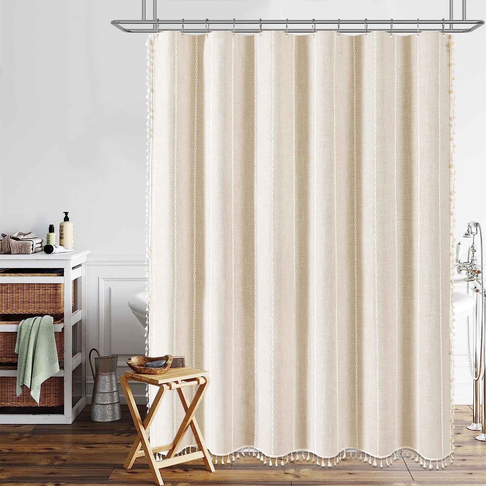 BTTN Extra Long Shower Curtain - 72x84 Long Boho Chic Striped Tassel Linen Fabric Shower Curtain ... | Amazon (US)