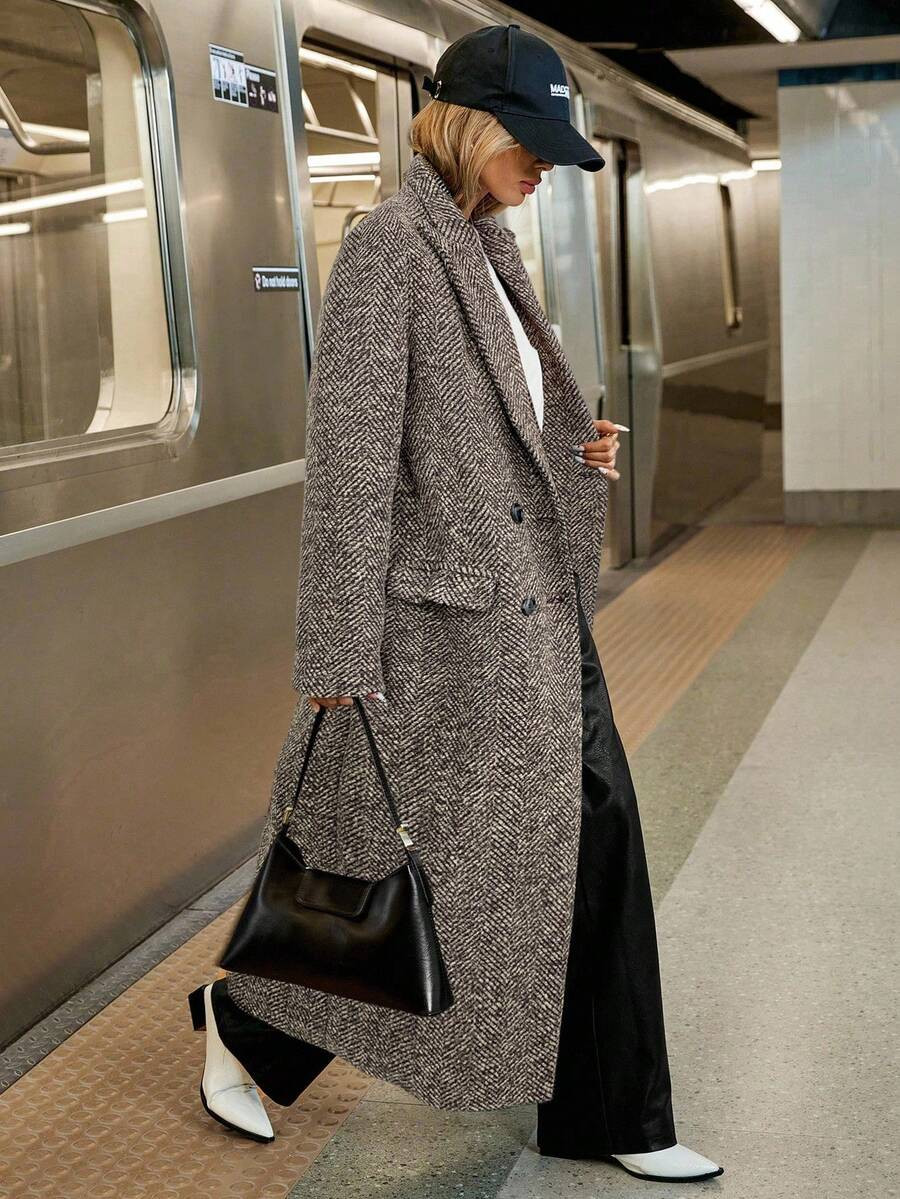 Siren Gaze Women's Autumn/Winter Lapel NeckHerringbone Double-Breasted Long Sleeve Long Casual Ov... | SHEIN