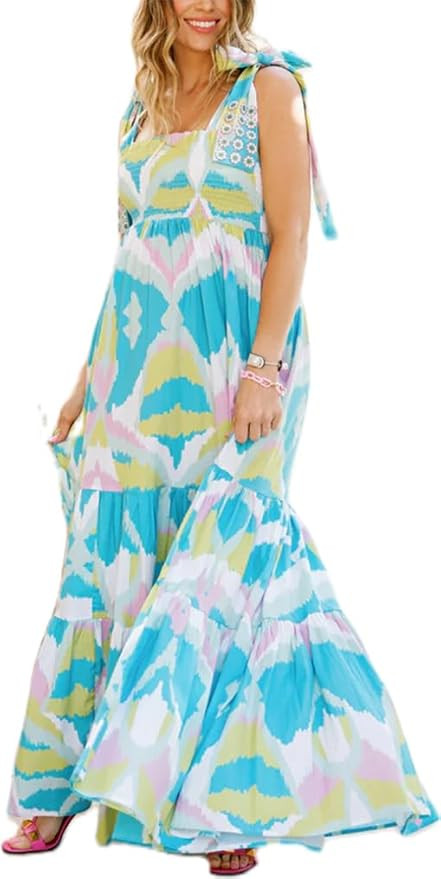 Womens Summer Floral Boho Tie Maxi Dress Sexy Backless Spaghetti Strap Smocked Sun Dress Long Flo... | Amazon (US)